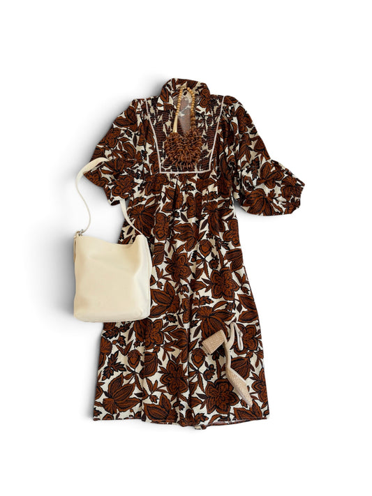 Smocked Chest Long Sleeve Midi in Chocolate Florals