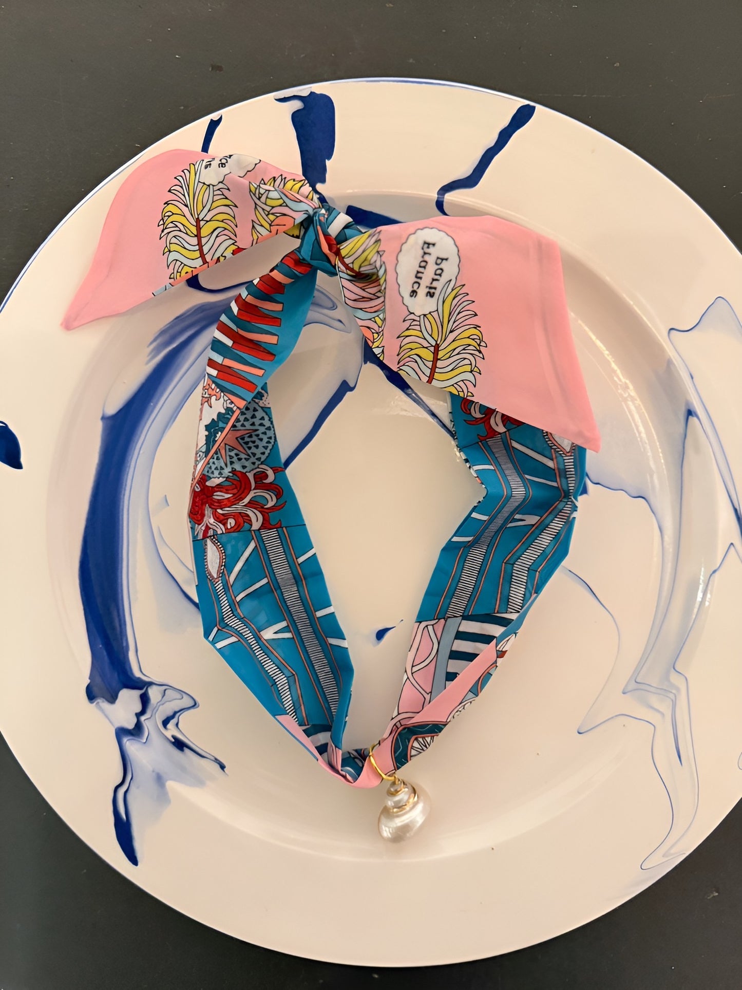 Pink & Blue Scarf Necklace w/ Shell Pendant