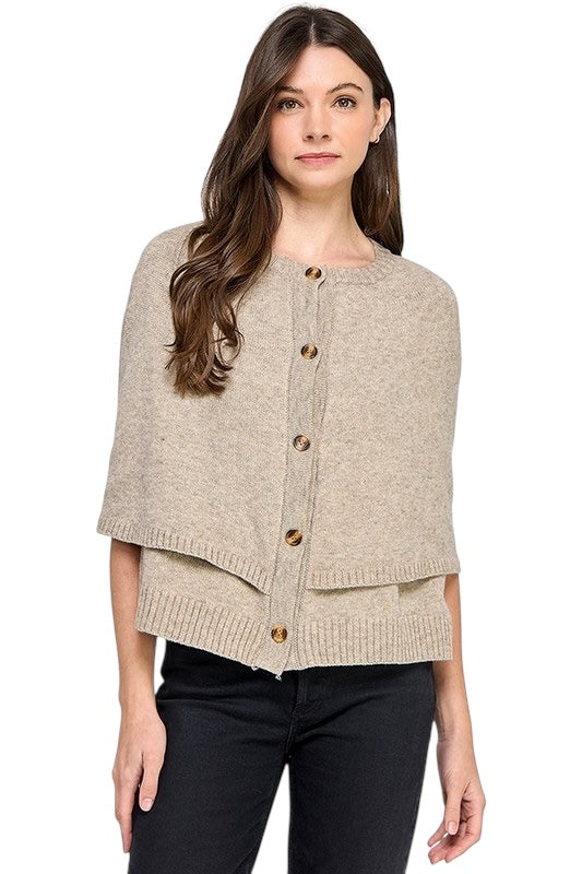 Button Front Cape Sweater in Taupe