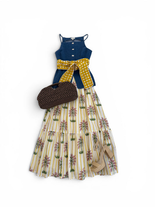 Uptown Skirt in Yellow Floral Stripe + Gingham Belt