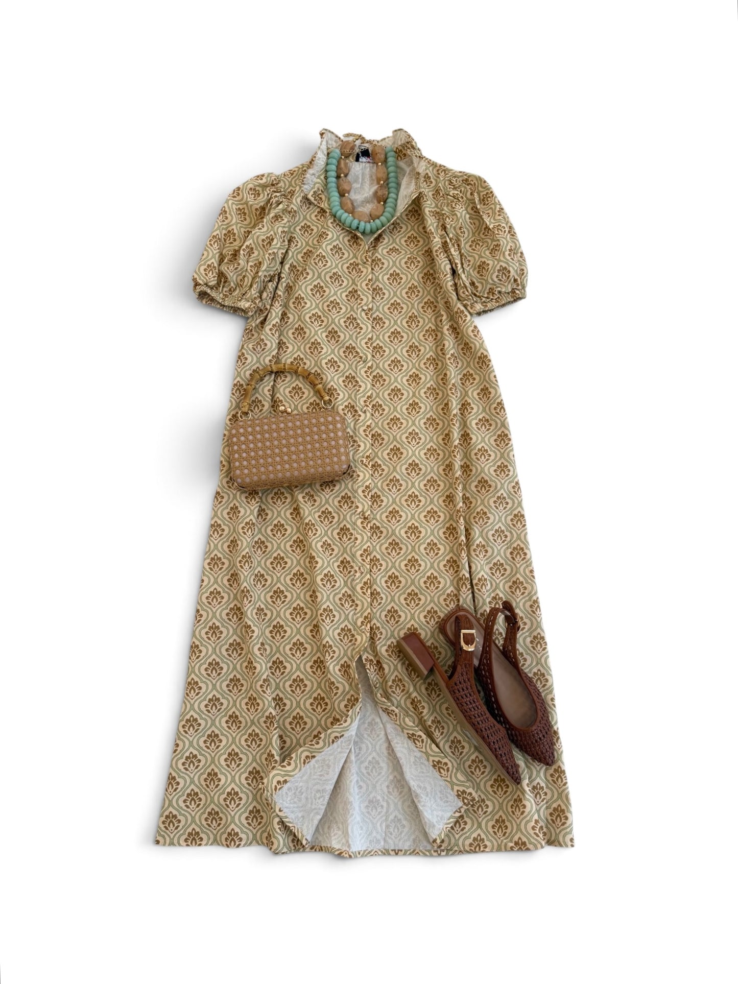 Ruffle Collar Shirt Dress in Sage & Terracotta