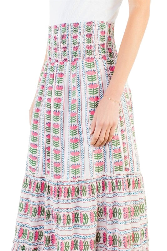 Floral Stripe Smocked Midi Skirt