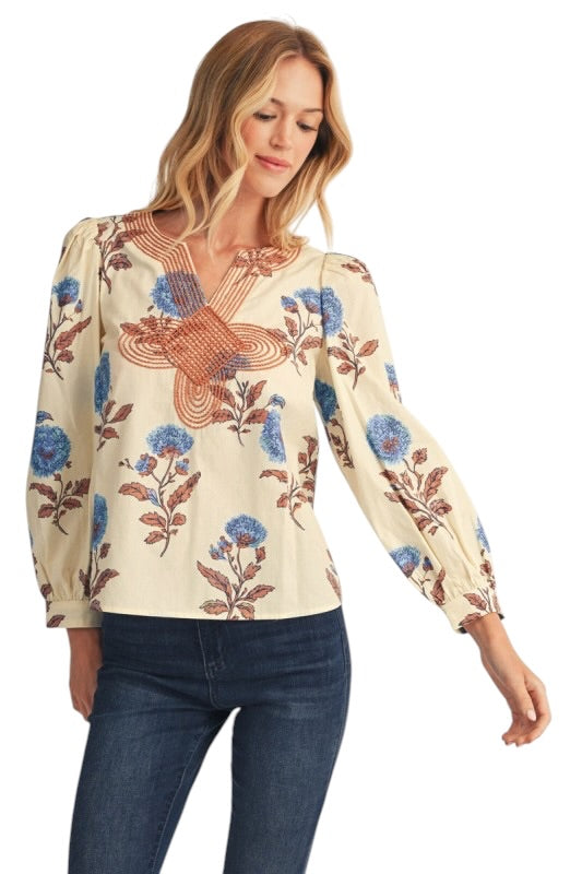 Cornflower & Mocha Embroidered Top