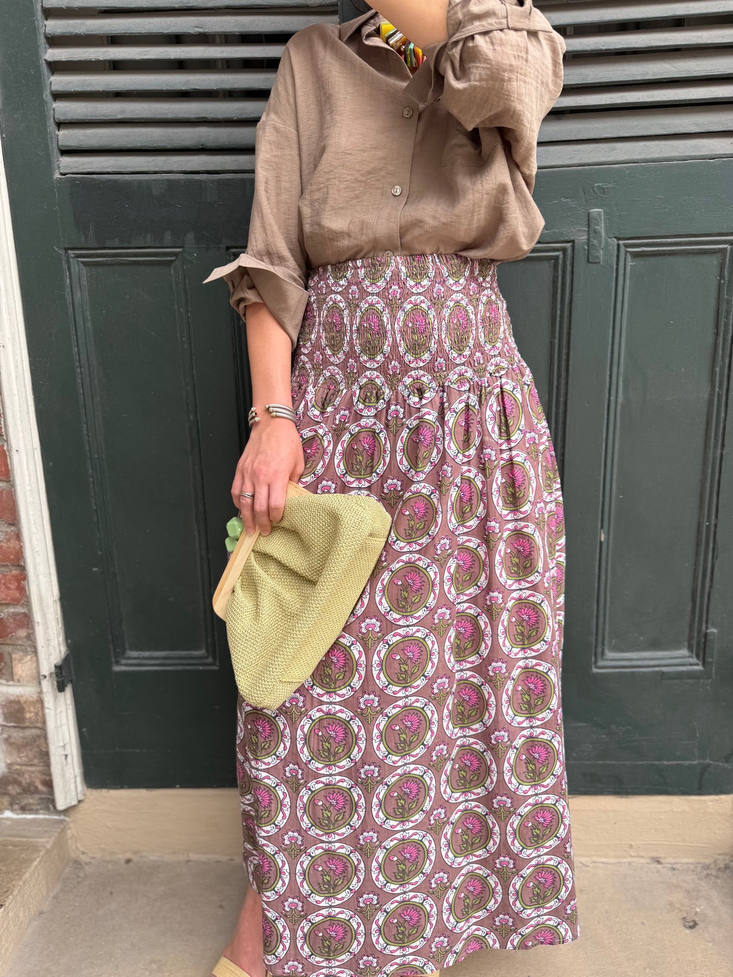 Ellen Smocked Midi Skirt in Peri & Pink Circles