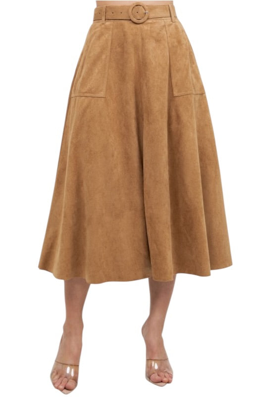 Suede Belted Midi Skirt