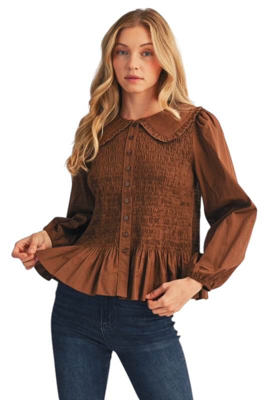 Smocked Peplum Top in Brown