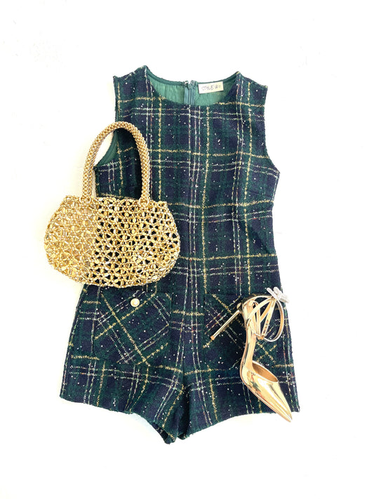 Plaid Tweed Romper in Green