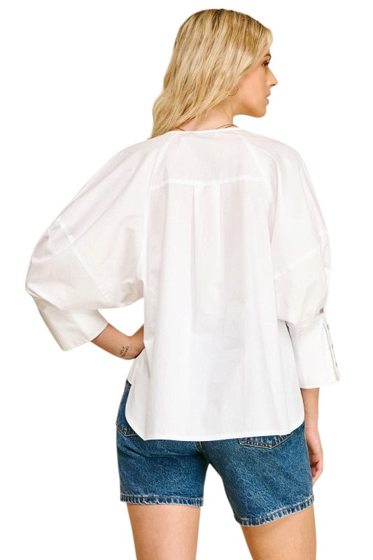 Button Front Poplin Blouse in White