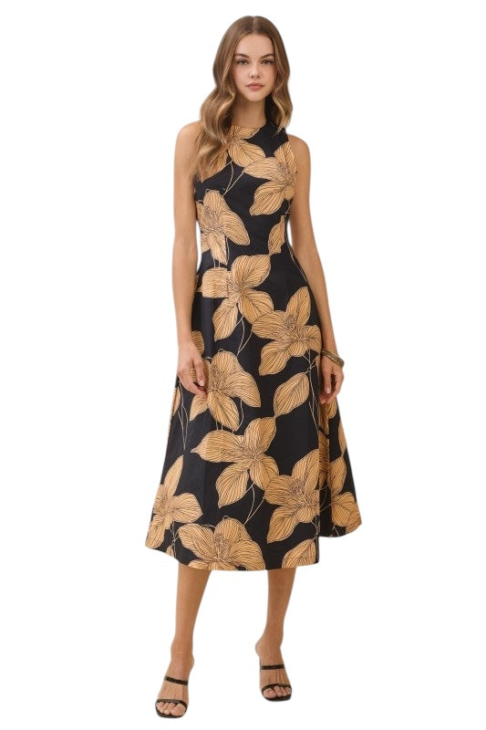 Black & Taupe Lillies Cotton Midi