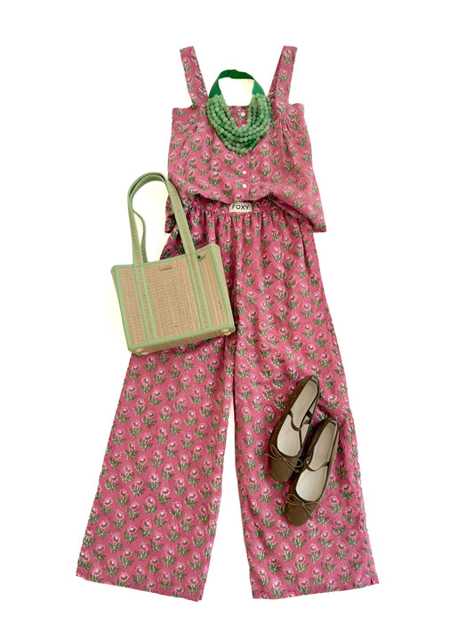 FOXY Top in Pink & Green Blockprint