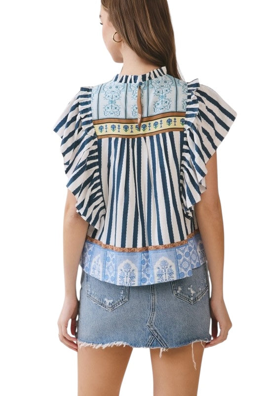 Blue Stripes Boarder Flutter Top