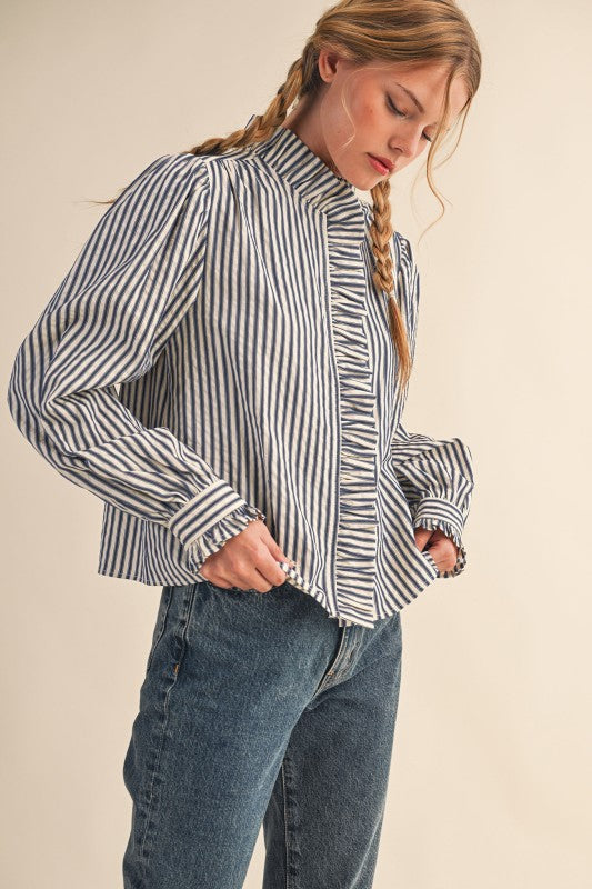 Ruffle Front Stripe Blouse- 2 Colors