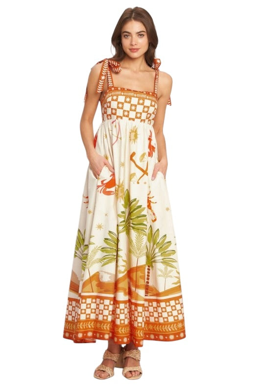 Zodiac Palms Tie Shoulder Midi