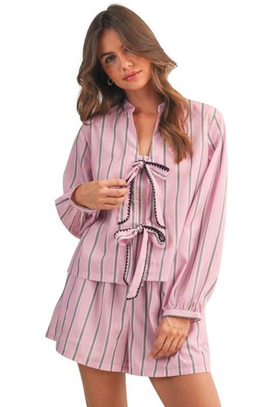 Pink Stripe Tie Front Short Set
