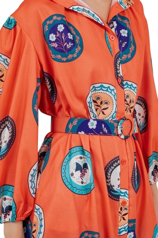 Orange Plates Midi Shirt Dress