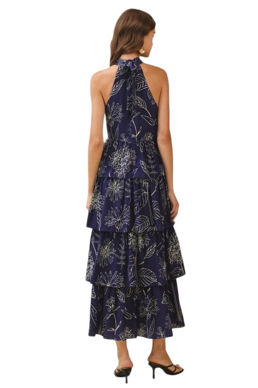 Navy Floral Sketch Halter Neck Maxi