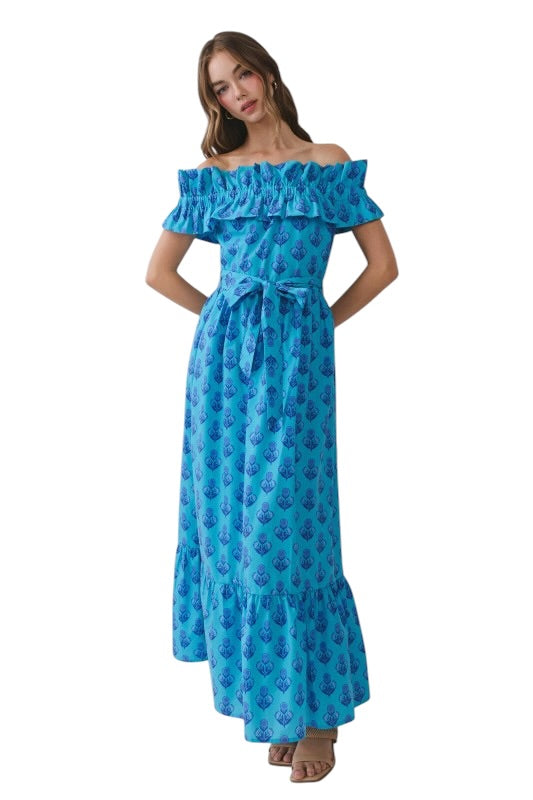 Ruffle Off Shoulder Midi in Blue