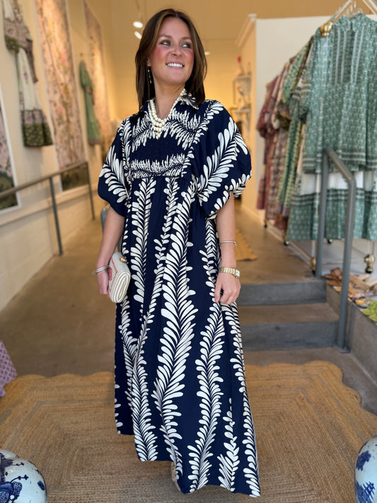 Navy Acanthus Smocked Midi