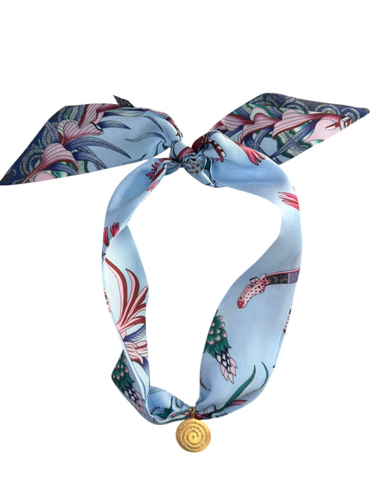 Blue Safari Toile Scarf Necklace w/ Serenity Prayer Pendant