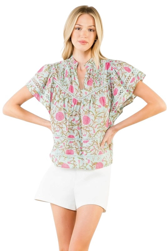 Mint & Pink Flutter Sleeve Top