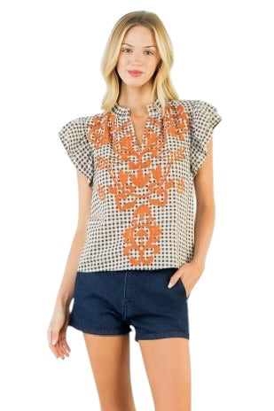 Chocolate Gingham Embroidered Top