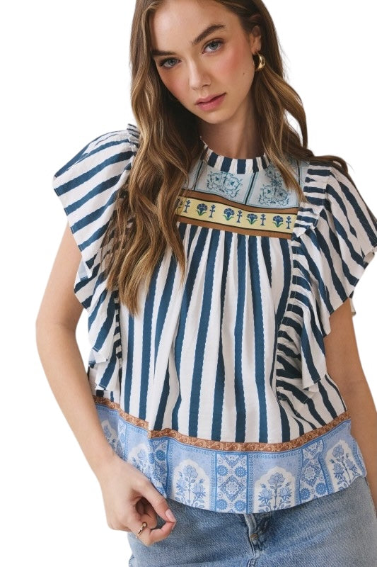 Blue Stripes Boarder Flutter Top