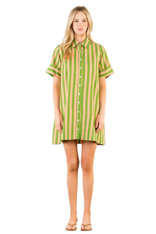 Pink & Lime Stripe Shirt Dress