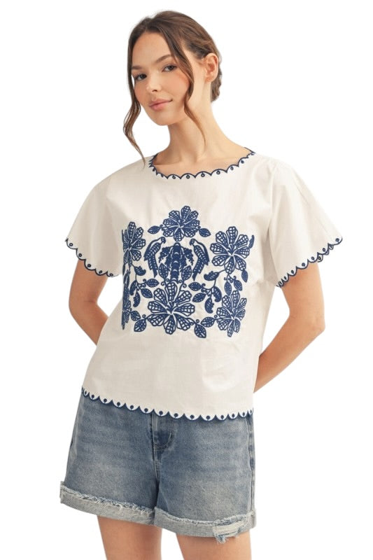 Blue Parrots Embroidered Top