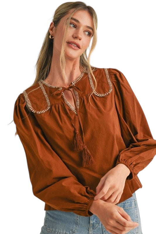 Hemstitch Shoulder Poplin Blouse in Brown