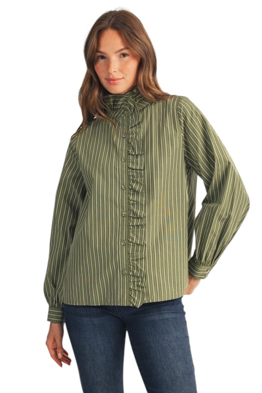 Ruffle Blouse in Kale Stripe