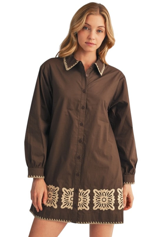 Poplin Embroidered Squares Shirt Dress in Brown