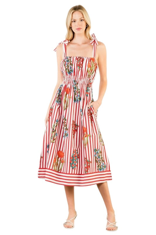 Red & White Stripe Tie Shoulder Midi