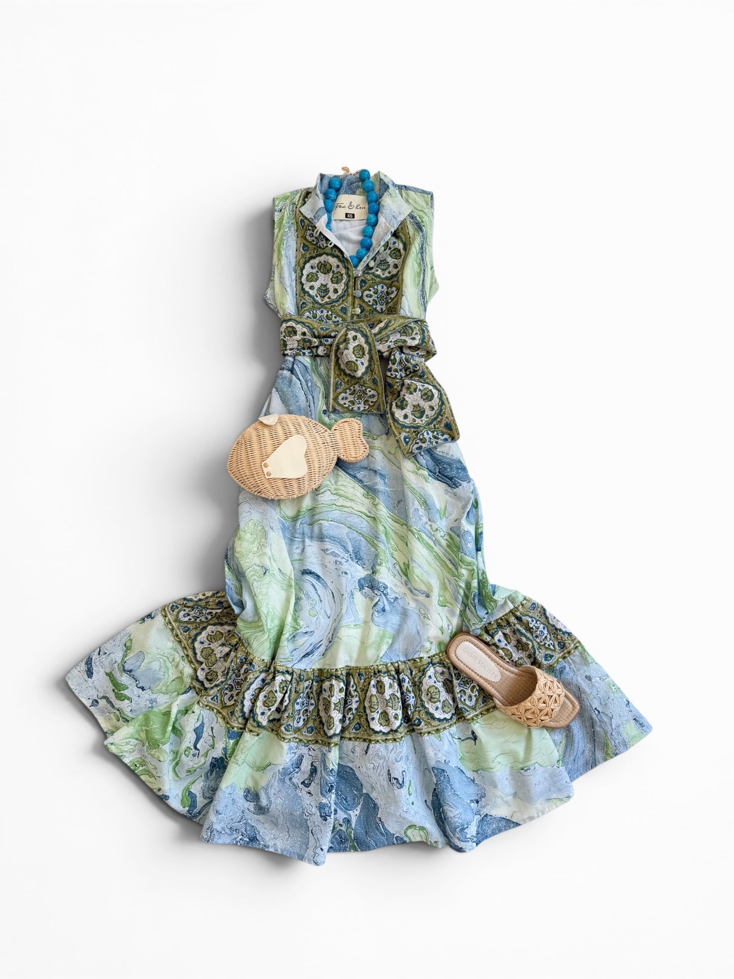 Sleeveless State St Maxi in Blue & Green Marble