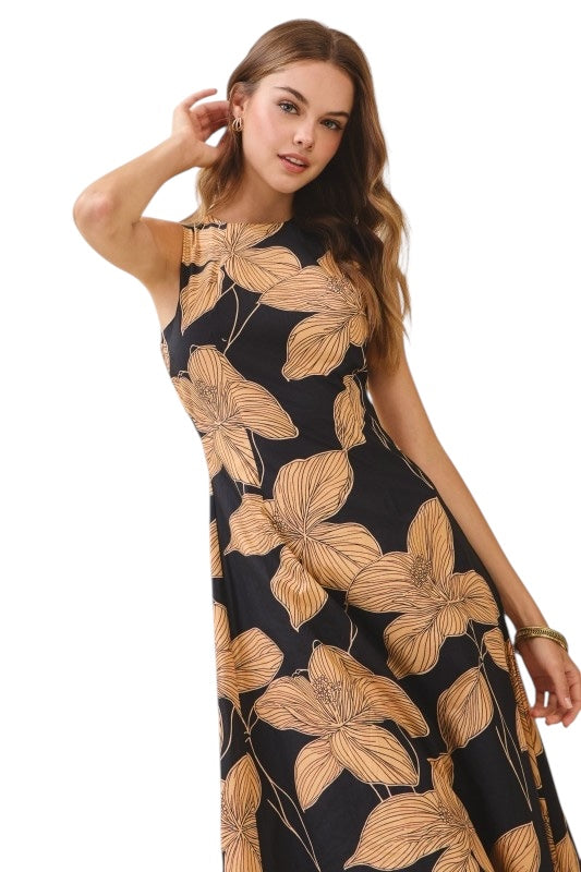 Black & Taupe Lillies Cotton Midi