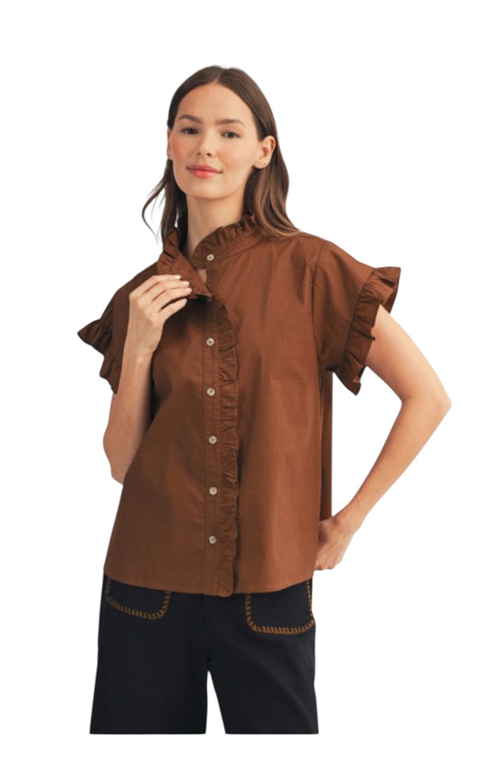 Short Sleeve Poplin Ruffle Top- 3 Colors