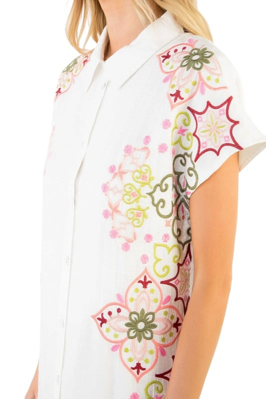 White Embroidered Shirt Dress