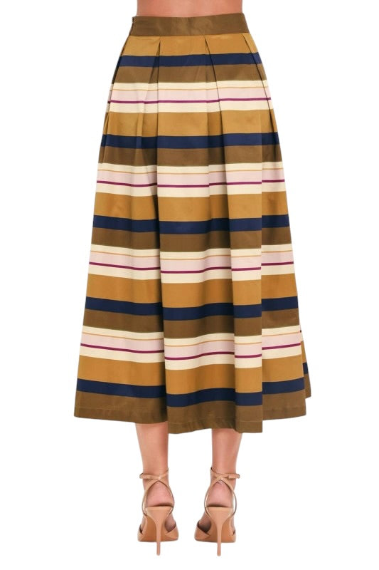 Camel & Navy Stripes Midi Skirt