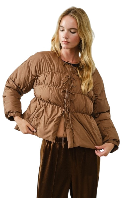 Tie Front Puffer Jacket- 2 Colors