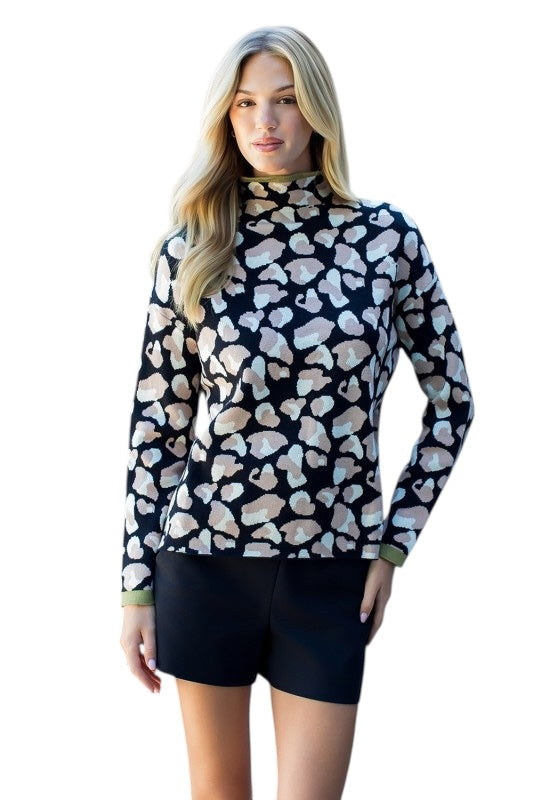 Black & Olive Spots Mock Neck Sweater