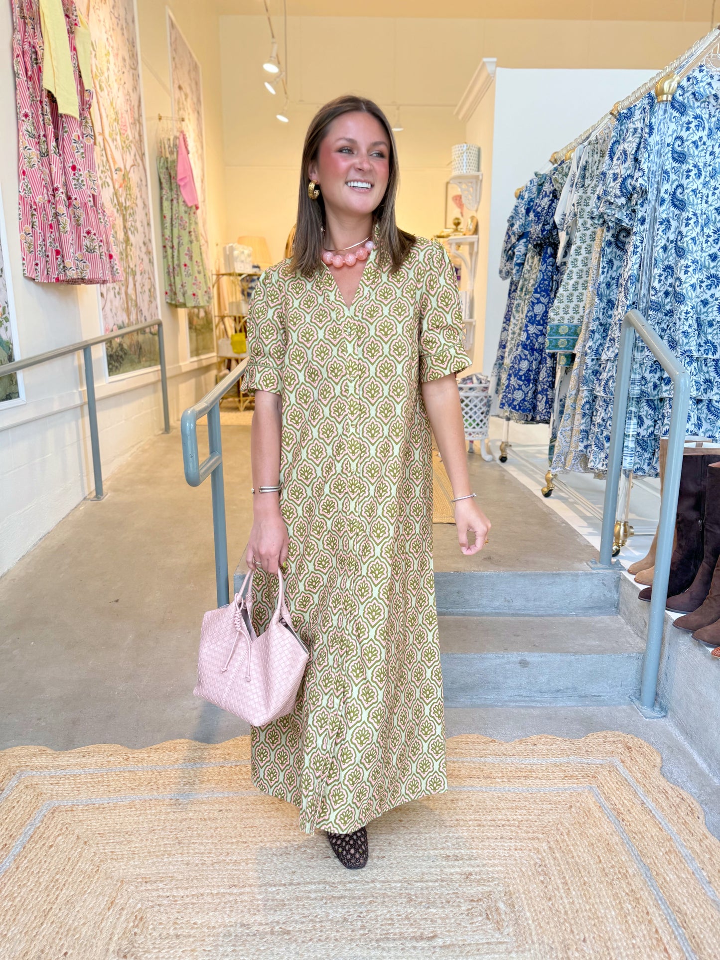 Matcha & Pink Button Front Midi