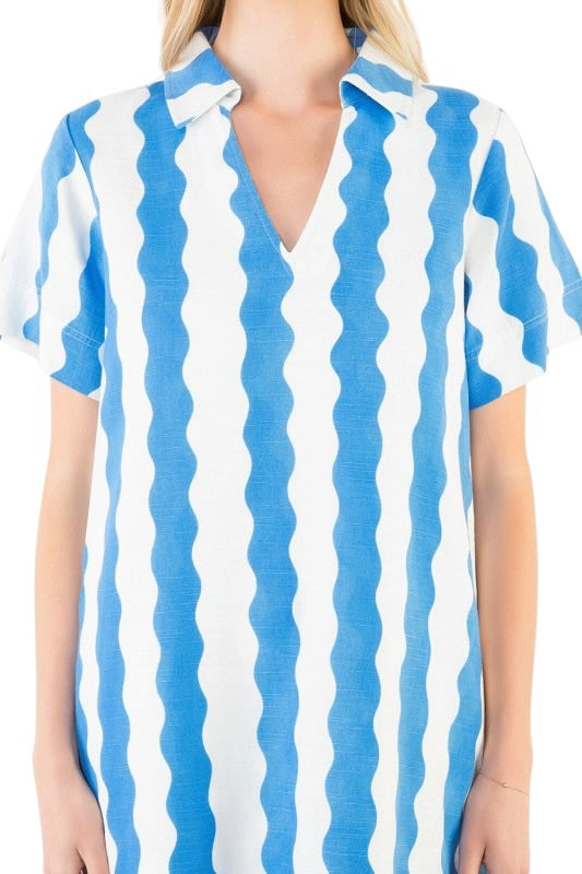 Blue & White Waves Shirt Dress