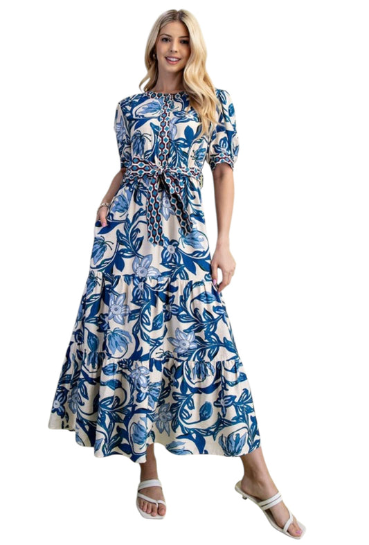 Blue Tulips Belted Shirt Dress
