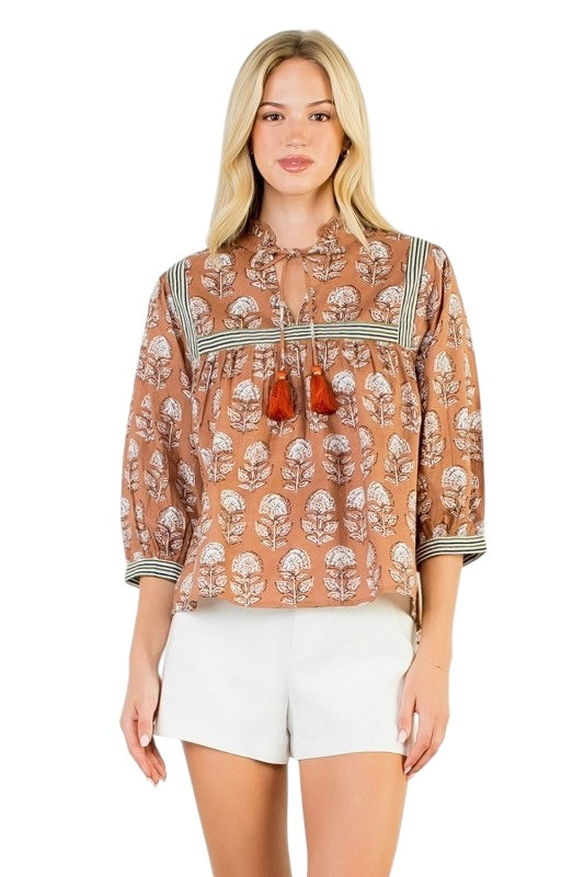 Brown BlockPrint Square Neckline Top
