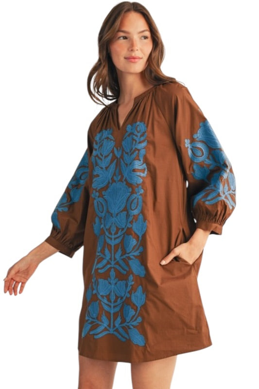 Chocolate & Blue Embroidered Shift