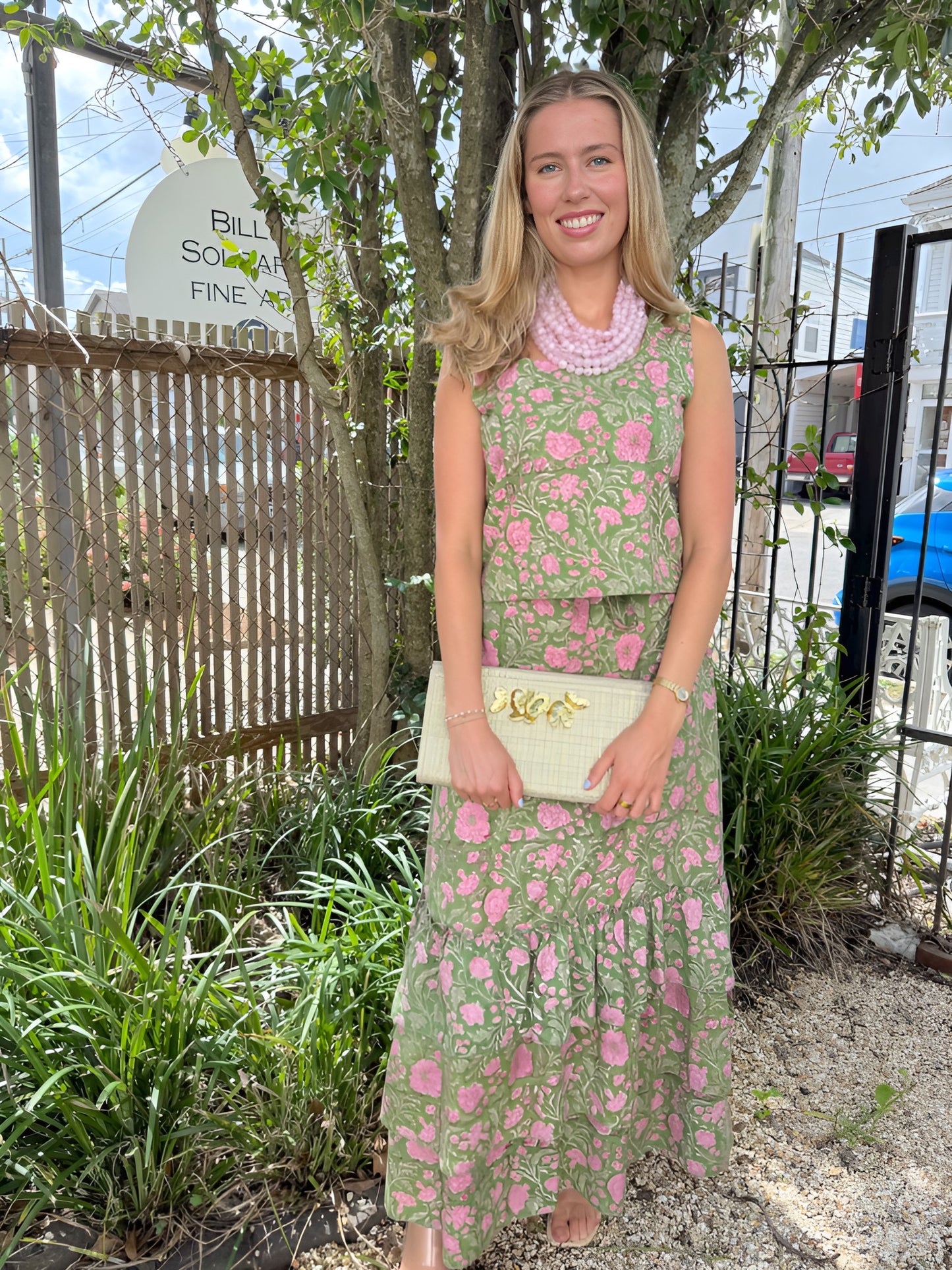 Square Neck Top in Pink & Green Block Print