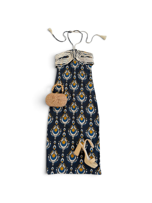 Navy Ikat Halter Midi