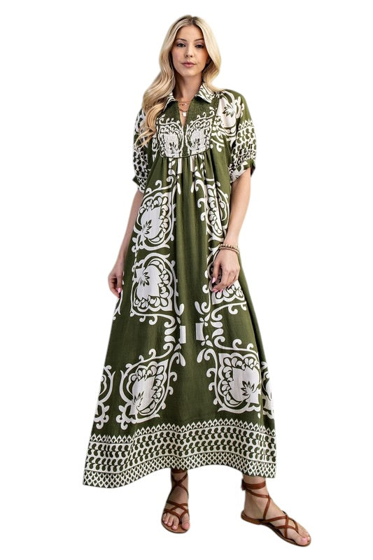 Smocked Collared Medallion Midi- 2 Colors