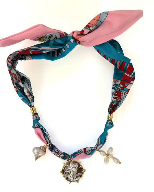 Pink & Turquoise Scarf Necklace w/ coin, Pearl cross & shell