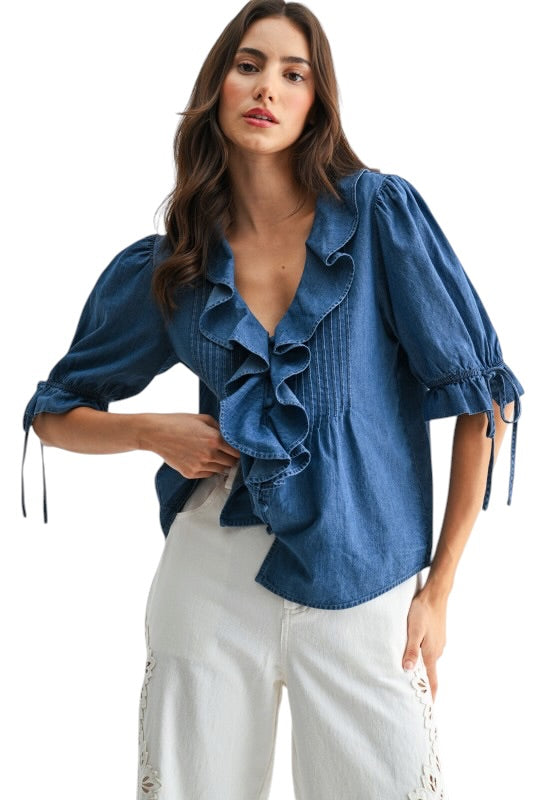 Ruffle Front Denim Top