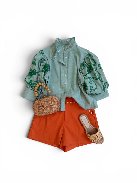 Green Stripe Embroidered Sleeve Top